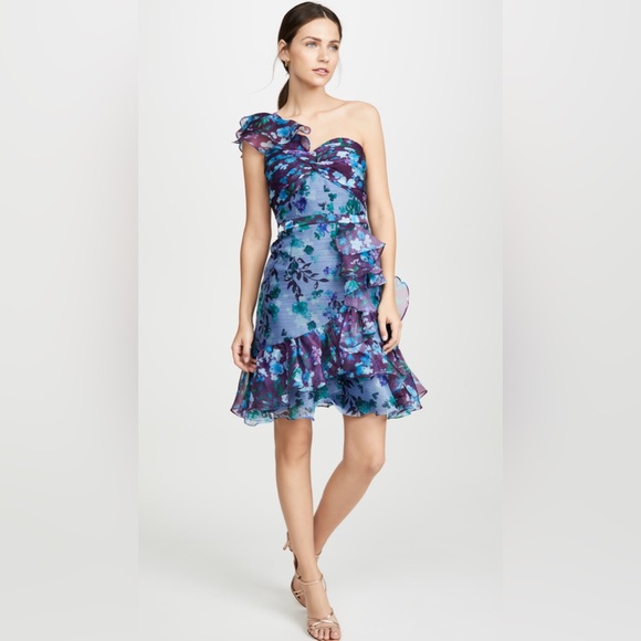 Marchesa Notte One Shoulder Colorblock Cocktail Dress In Blue - Picture 7 of 14